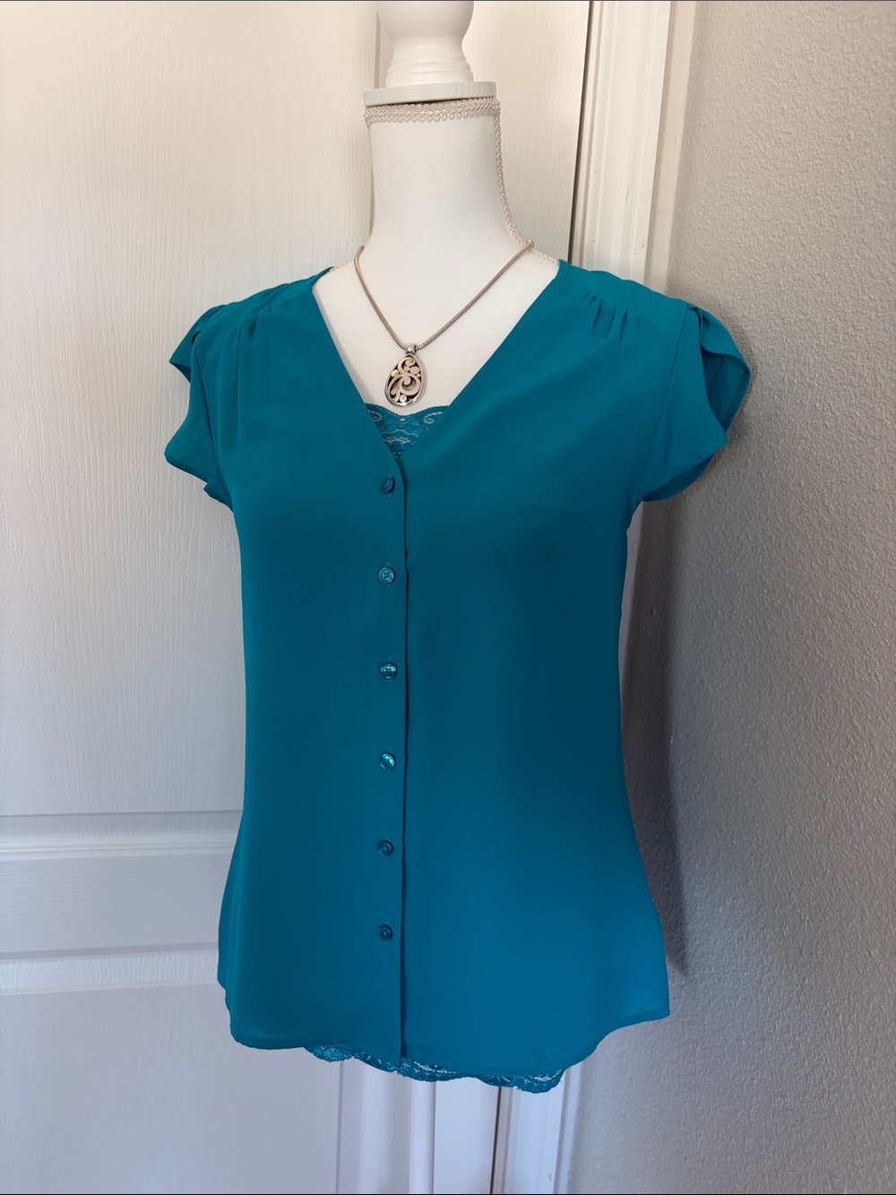 Express Teal Button-Front V-Neck Blouse